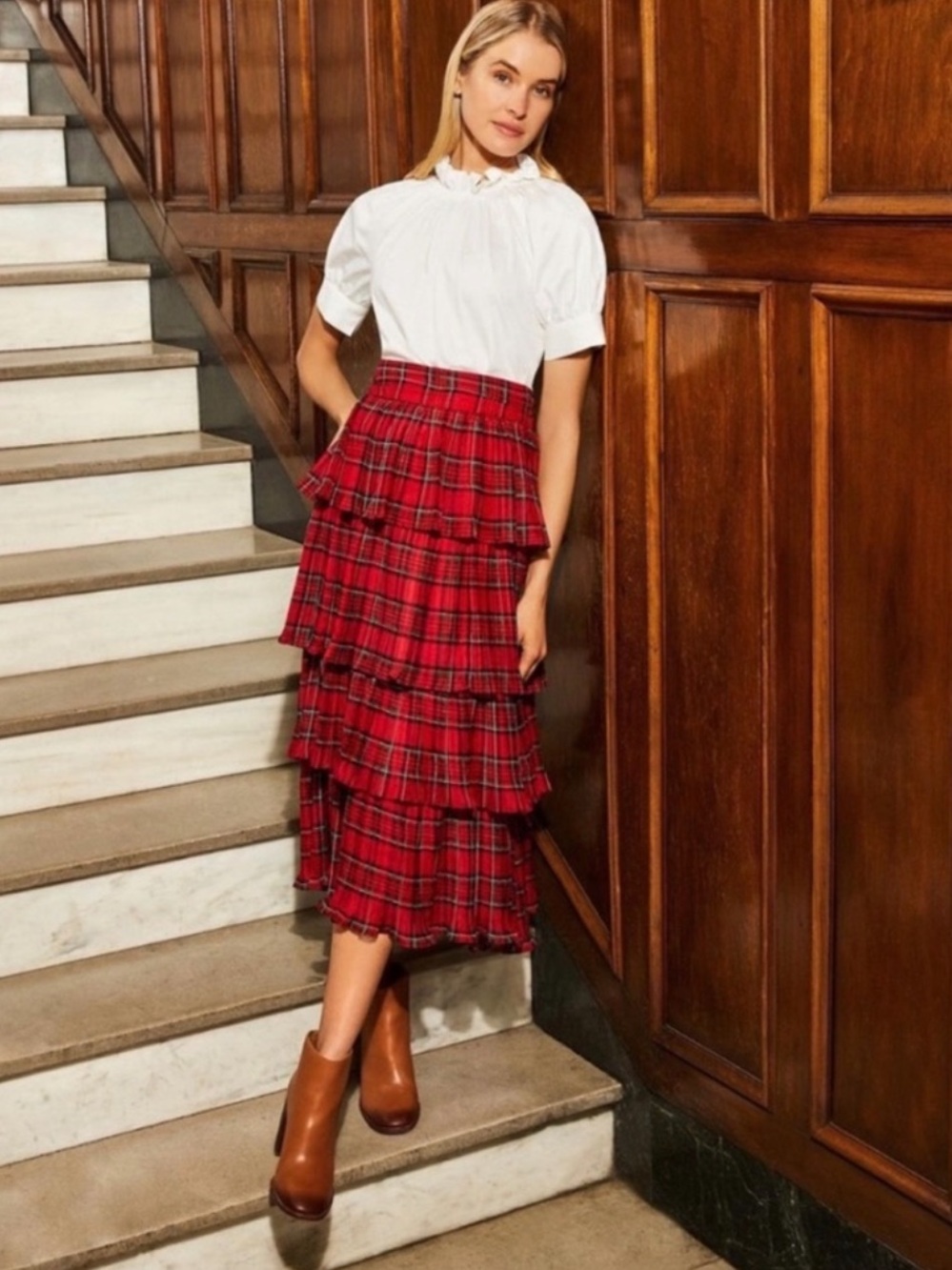 Antonio Melani Katrina Tartan Plaid Layered Ruffled Red Black Holiday Skirt 6
